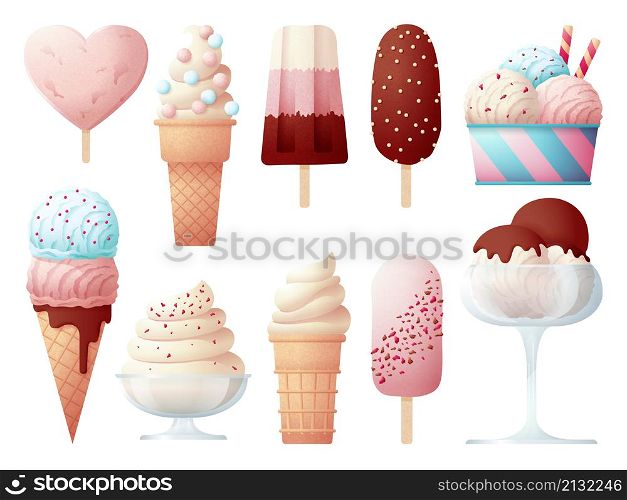 Popsicle ice cream. Creamy waffle cones, holiday sweet food. Chocolate lollipop and sorbet, summer dessert. Tasty frozen sweets swanky vector set. Illustration of ice creamy, tasty flavor. Popsicle ice cream. Creamy waffle cones, holiday sweet food. Chocolate lollipop and sorbet, summer dessert. Tasty frozen sweets swanky vector set
