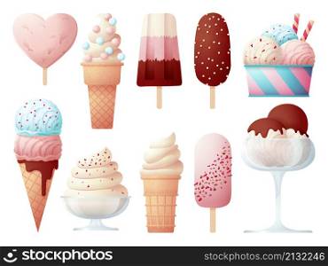 Popsicle ice cream. Creamy waffle cones, holiday sweet food. Chocolate lollipop and sorbet, summer dessert. Tasty frozen sweets swanky vector set. Illustration of ice creamy, tasty flavor. Popsicle ice cream. Creamy waffle cones, holiday sweet food. Chocolate lollipop and sorbet, summer dessert. Tasty frozen sweets swanky vector set