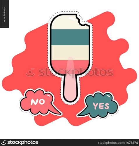 Popsicle patches, hand drawn vector stickers set. A set of cartoon hand drawn striped ice creams and two bubbles Yes and No. Popsicle patches hand drawn set