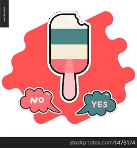Popsicle patches, hand drawn vector stickers set. A set of cartoon hand drawn striped ice creams and two bubbles Yes and No. Popsicle patches hand drawn set
