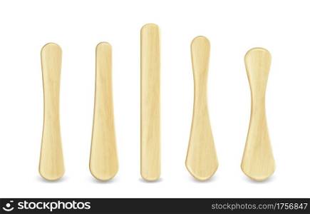 Popsicle sticks, wooden elements for holding ice cream, tongue depressor for throat medical examination different shapes and sizes isolated on white background, Realistic 3d vector Illustration, set. Popsicle sticks, wooden elements for ice cream