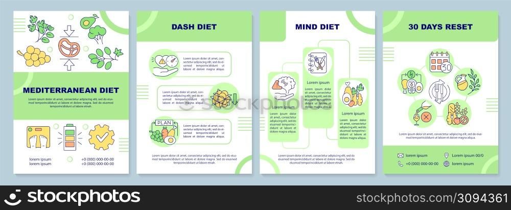 Popular and trendy diets brochure template. Healthy nutrition. Leaflet design with linear icons. 4 vector layouts for presentation, annual reports. Arial-Black, Myriad Pro-Regular fonts used. Popular and trendy diets brochure template