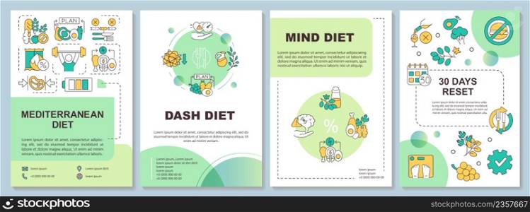 Popular and trendy diets green brochure template. Healthy nutrition. Leaflet design with linear icons. 4 vector layouts for presentation, annual reports. Arial-Bold, Myriad Pro-Regular fonts used. Popular and trendy diets green brochure template