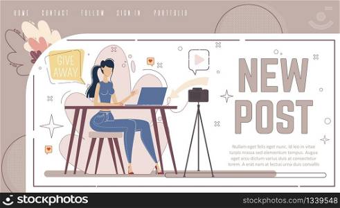 Popular Beauty Blogger, Live Video Streamer, Lifestyle Vlogger Personal Blog Web Banner, Landing Page Template. Young Woman Communicating with Followers in Internet Trendy Flat Vector Illustration