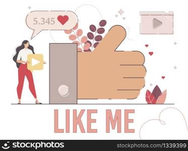 Popular Content in Network, Online Followers Attracting, Business Marketing with Opinion Leader Concept. Woman Watching Online Video, Sharing, Liking Blogger Post Trendy Flat Vector Illustration