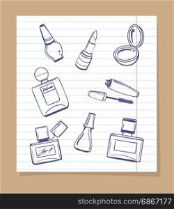 Popular cosmetics sketch icons. Popular cosmetics sketch vector icons. Hand drawn lipstick, nail polish and perfume bottles on notebook page background