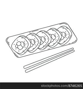 Popular dish Korean cuisine Kimbap doodle illustration. Rolls wrapped in seaweed sheets with toppings. Asian food ink sketch vector.. Popular dish Korean cuisine Kimbap doodle illustration