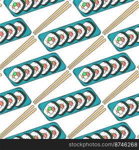 Popular dish Korean cuisine Kimbap seamless pattern. Rolls background. Print asian food for textile, paper, packaging and product design vector illustration. Popular dish Korean cuisine Kimbap seamless pattern