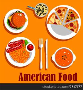 Popular dishes of american cuisine for lunch menu flat icon with cheeseburger, french fries, served with sausages and ketchup, creamy pumpkin soup, pepperoni, seafood and vegetarian pizzas, iced latte topped with whipped cream and chocolate syrup. Fast food lunch of american cuisine flat icon