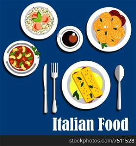 Popular dishes of italian cuisine with stuffed cannelloni pasta, bolognese sauce, vegetarian bean soup, risotto with shrimps, spaghetti with tomatoes and espresso coffee cup. Italian cuisine with pasta and risotto
