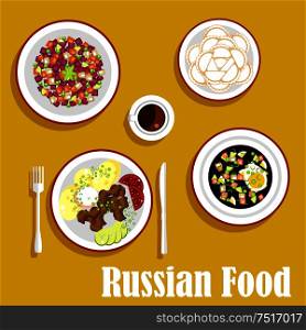 Popular dishes of russian cuisine with beef stroganoff, served with boiled potatoes, fresh vegetables and sour cream, cold soup okroshka with rye bread kvass, vegetarian salad vinegret, dumplings and cup of coffee. Flat style. Tasty dinner of russian cuisine flat icon