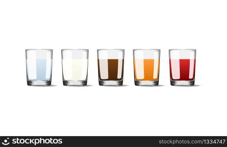 Popular drinks in glass cups realistic vector illustration. EPS 10