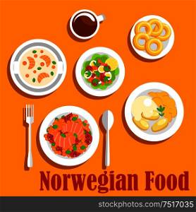 Popular fish dishes of norwegian cuisine icon with vegetable stew with salmon, boiled potatoes, served with mashed turnip, salmon cream soup, egg salad with fresh tomatoes, lettuce and smoked salmon, glazed donuts with cup of hot chocolate. Flat style. Fish dishes of norwegian cuisine flat icon