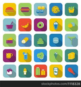 Popular food color icons with long shadow, stock vector