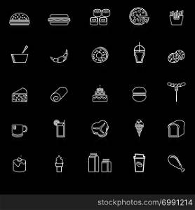 Popular food line icons with reflect on black background, stock vector