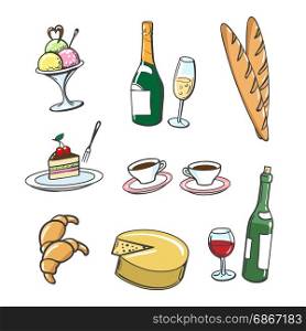 Popular french food and drinks. Hand drawn dessert food and drinks. Vector icons of popular french food cartoon style