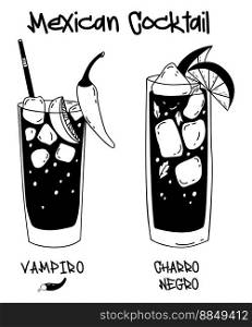 Popular Mexican cocktail V&iro and Charro Negro. Two glasses with alcoholic Latin American drinks with ice cubes and lime and chili. Vector hand drawing doodles. isolate on white background