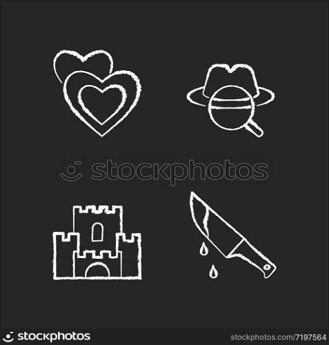 Popular movie types chalk white icons set on black background. Romantic films, detective mystery, fantasy and thriller. Different cinematography genres. Isolated vector chalkboard illustrations