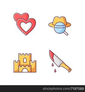 Popular movie types RGB color icons set. Romantic films, detective mystery, fantasy and thriller. Different cinematography genres. Isolated vector illustrations