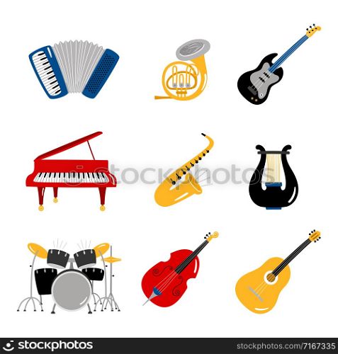 Popular music instruments vector icons of set. Musical instrument harp and trumpet, blues and bass illustration. Popular music instruments vector icons of set