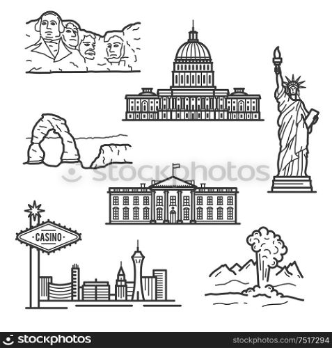 Popular national landmarks of USA for tourism or travel planning design with thin linear Statue of Liberty, casinos of Las Vegas, Capitol, White House, mount Rushmore, Arches National Park and geyser in Yellowstone Park . National landmarks of USA icons in thin line style