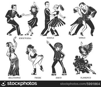 Popular Native Dance Black Icons Set. Native popular dance pair and individual performance black icons set with disco and flamenco isolated vector illustration