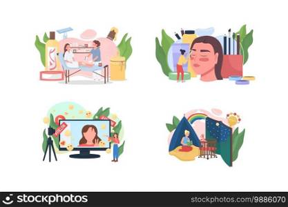 Popular professions flat concept vector illustration set. Babysitter with kid. Vlogger online. Women 2D cartoon characters for web design. Part time occupation for girls creative idea collection. Popular professions flat concept vector illustration set