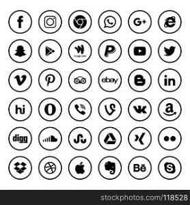 Popular social media icons such as: Facebook, Twitter, Blogger, Linkedin, Tumblr, Myspace and others, printed on white paper