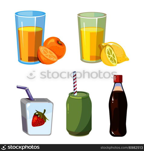 Popular summer drinks cartoon style on white backdrop. Vector illustration. Popular summer drinks cartoon style