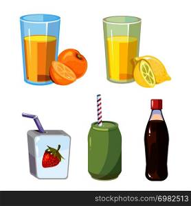 Popular summer drinks cartoon style on white backdrop. Vector illustration. Popular summer drinks cartoon style
