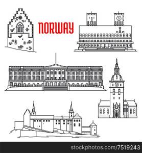 Popular travel sights of Norway icon with thin line Royal Palace, fortified medieval Akershus Castle and Fortress, Haakons Hall of Bergenhus fortress, Oslo Cathedral and Oslo City Hall. Travel sights of Norway icon in thin line style