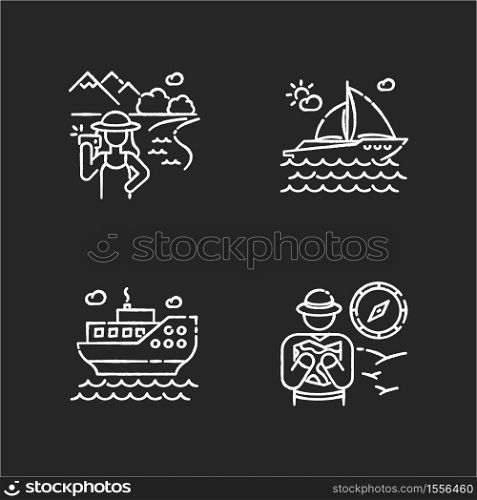 Popular vacation activities chalk white icons set on black background. Sea cruise, luxurious yachting, insta tourism and exotic safari. Modern holiday rest. Isolated vector chalkboard illustrations. Popular vacation activities chalk white icons set on black background