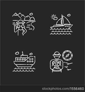 Popular vacation activities chalk white icons set on black background. Sea cruise, luxurious yachting, insta tourism and exotic safari. Modern holiday rest. Isolated vector chalkboard illustrations. Popular vacation activities chalk white icons set on black background