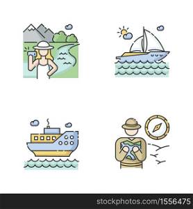 Popular vacation activities RGB color icons set. Sea cruise, luxurious yachting, insta tourism and exotic safari. Modern holiday rest. Isolated vector illustrations. Popular vacation activities RGB color icons set