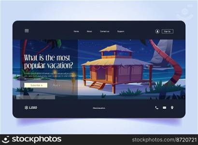 Popular vacation banner with bungalow on sea beach at night. Summer tropical landscape of ocean shore with house and palm trees, vector landing page with cartoon illustration. Popular vacation banner with bungalow on sea beach
