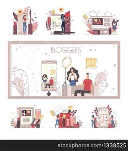 Popular Video Blogger, Social Media Content Maker, Beauty and Fashion Vlogger Characters Set. Woman Reviewing, Promoting, Recommending Cosmetics Products to Followers Trendy Flat Vector Illustration