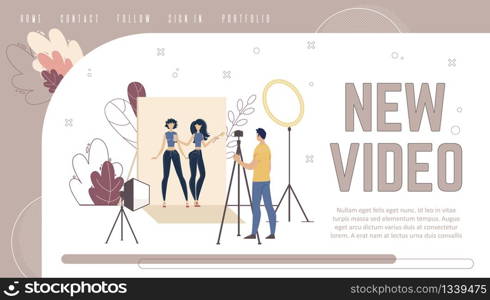 Popular Vlogger, Beauty Blogger, Video Content Production Company or Studio Personal Site Landing Page, Web Banner Template. Operator Streaming Live Video with Camera Trendy Flat Vector Illustration