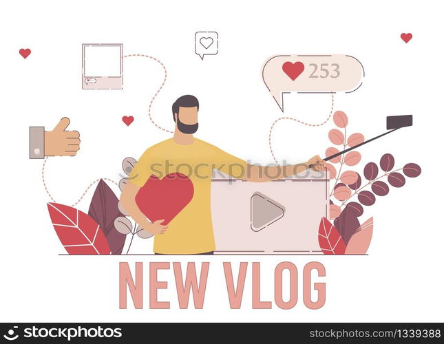 Popular Vlogger, Content Creator, Social Media Influencer Concept. Man Streaming, Broadcasting Live Video with Phone, Blogger Sharing New Blog Online, Shooting Selfie Trendy Flat Vector Illustration