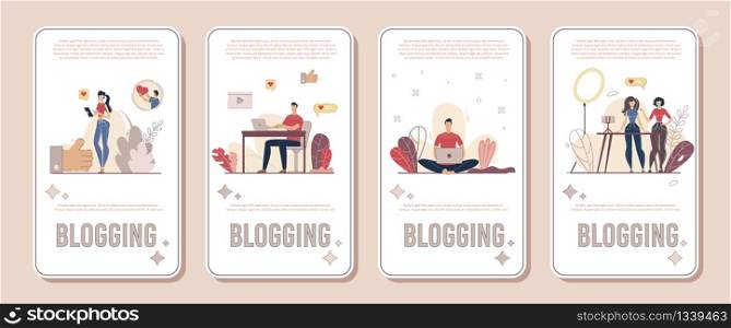 Popular Vlogger, Live Video Streamer, Beauty Blogger, Social Media Content Author Vertical Banners, Posters Set. Blogging People, Man and Woman Sharing Content Online Trendy Flat Vector Illustration