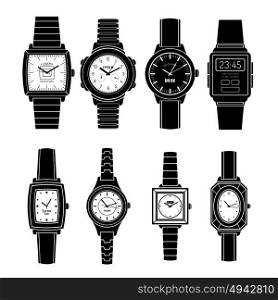Popular Watches Styles Black Icons Set. Modern and retro popular watches styles sets black icons collection with mechanical automatic and quartz isolated vector illustration