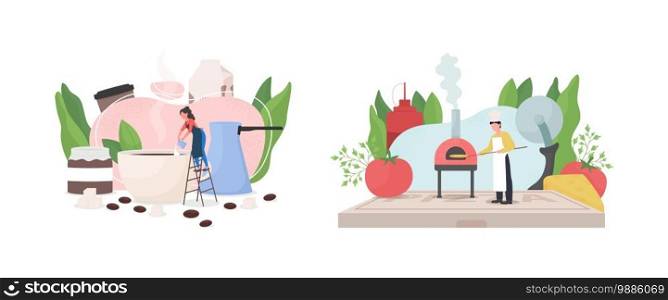 Popular work occupation flat concept vector illustration set. Barista pour milk in coffee cup. Baker put pizza in oven. Working 2D cartoon characters for web design. Job creative idea collection. Popular work occupation flat concept vector illustration set