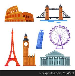 Popular world touristic architectural sights set. Famous attractions and travel destinations. Buildings with statues isolated vector illustrations.. Popular World Touristic Architectural Sights Set
