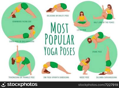 Popular yoga poses green vector infographic template. Body positive females. Poster, booklet page concept design with flat illustrations. Advertising flyer, leaflet, banner with workflow layout idea. Popular yoga poses green vector infographic template