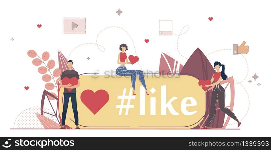 Popularity in Social Media Audience, Famous Person or Celebrity Online Followers Concept. Man and Woman Holding Hearts in Hand, Blogger Follower Liking, Sharing Content Trendy Flat Vector Illustration