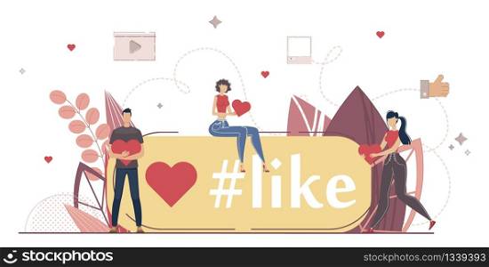Popularity in Social Media Audience, Famous Person or Celebrity Online Followers Concept. Man and Woman Holding Hearts in Hand, Blogger Follower Liking, Sharing Content Trendy Flat Vector Illustration