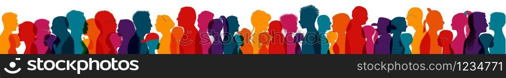 Population and society with diverse people.Communication crowd of families and multiethnic people and of diverse culture.Sociology.Crowding and density of people.Silhouette profile