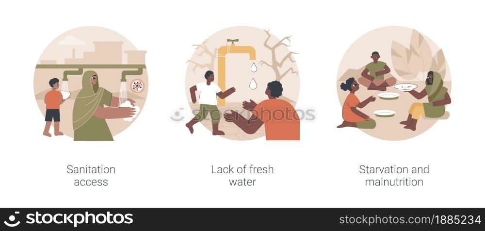 Population problems abstract concept vector illustration set. Sanitation access, lack of fresh drinking water, starvation and malnutrition, bad nutrition, disease prevention abstract metaphor.. Population problems abstract concept vector illustrations.