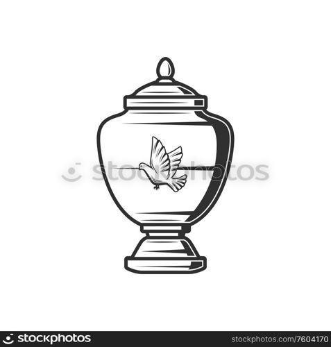 Porcelain ash urn with dove silhouette isolated funeral jar. Vector columbarium container. Ash urn with dove bird isolated columbarium jar