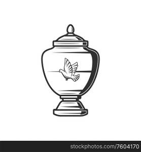 Porcelain ash urn with dove silhouette isolated funeral jar. Vector columbarium container. Ash urn with dove bird isolated columbarium jar
