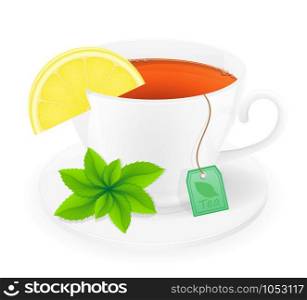 porcelain cup of tea with lemon and mint vector illustration isolated on white background